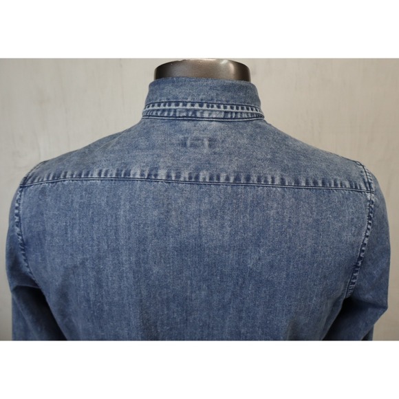 Mens EXPRESS Blue Shirt Size M Button Front Cotton Denim Loop Native Aztec 15.5 - Picture 4 of 9
